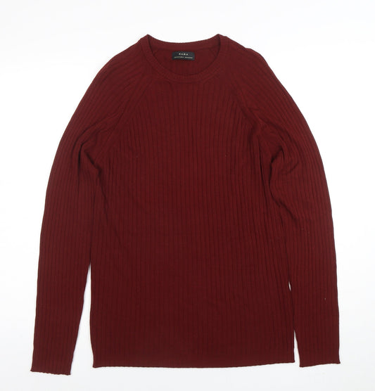ZARA Women Red Wool Crew Neck Ribbed Knit Jumper Size M