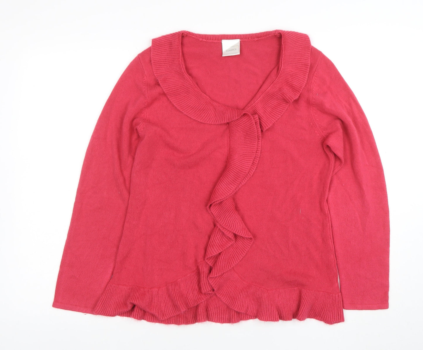 Classics Women’s Pink Ruffle Front Acrylic Knit Cardigan Size 12