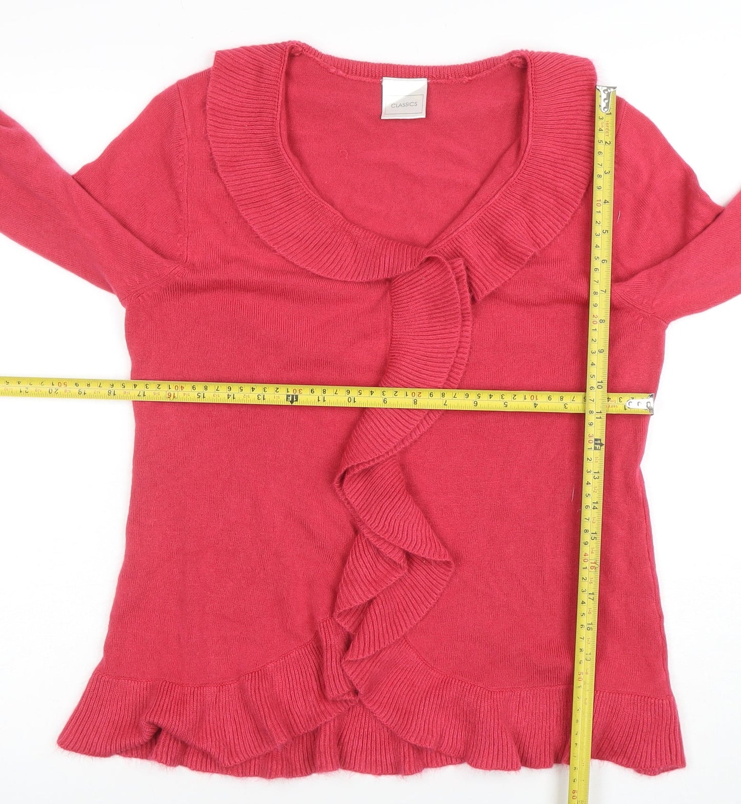 Classics Women’s Pink Ruffle Front Acrylic Knit Cardigan Size 12