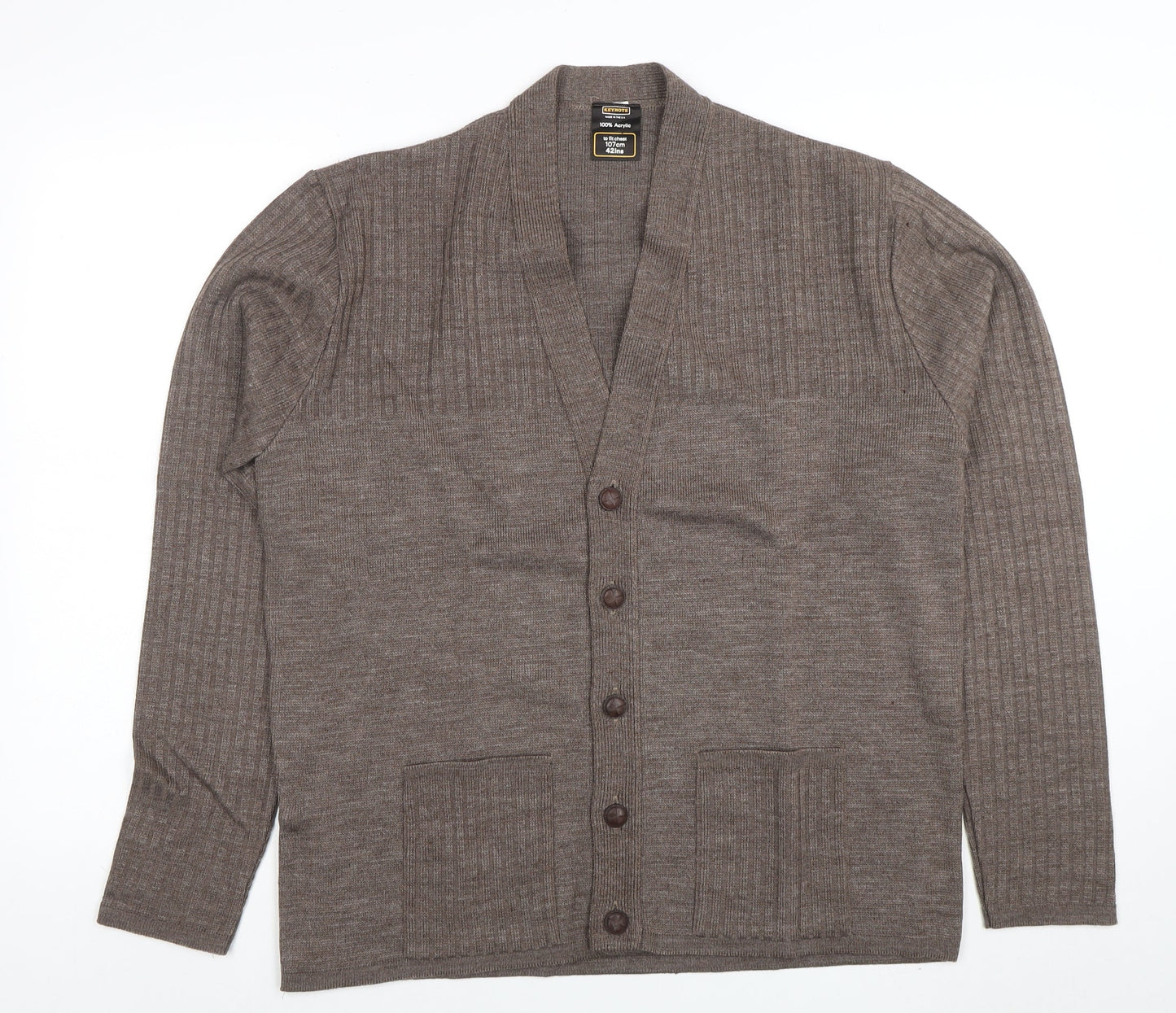 Keynote Mens Brown L Acrylic Button Cardigan Knit V-Neck Jumper