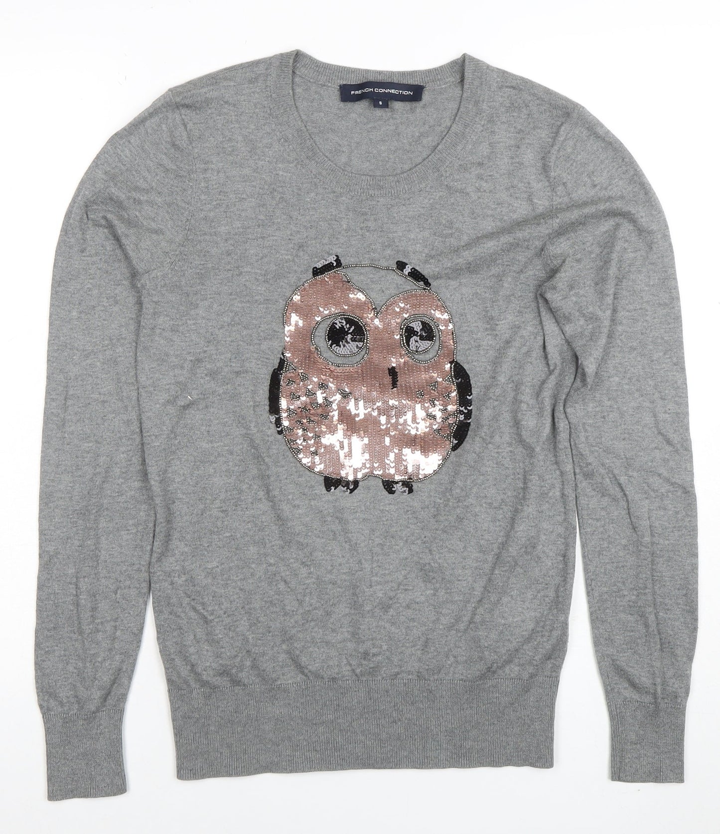 French Connection Women’s Grey Sequin Owl Jumper Size S