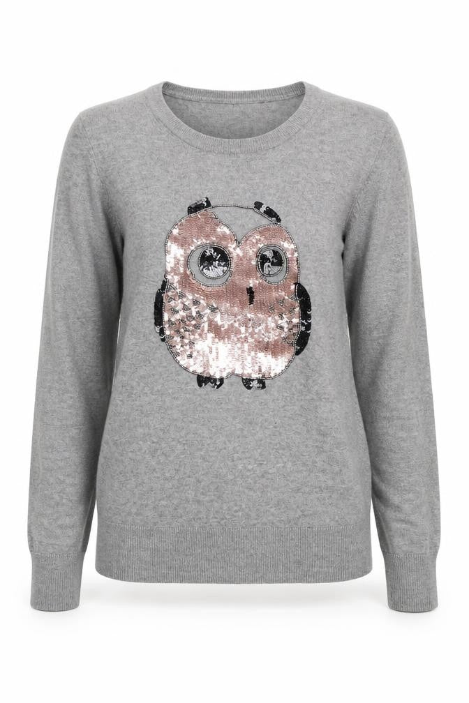 Front view of French Connection Women’s Grey Sequin Owl Jumper, size S