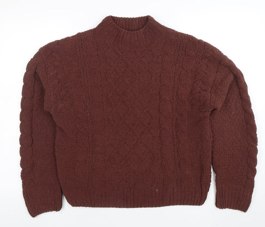 Primark Women Brown Cable-Knit Jumper Size S Mock Neck Long Sleeve
