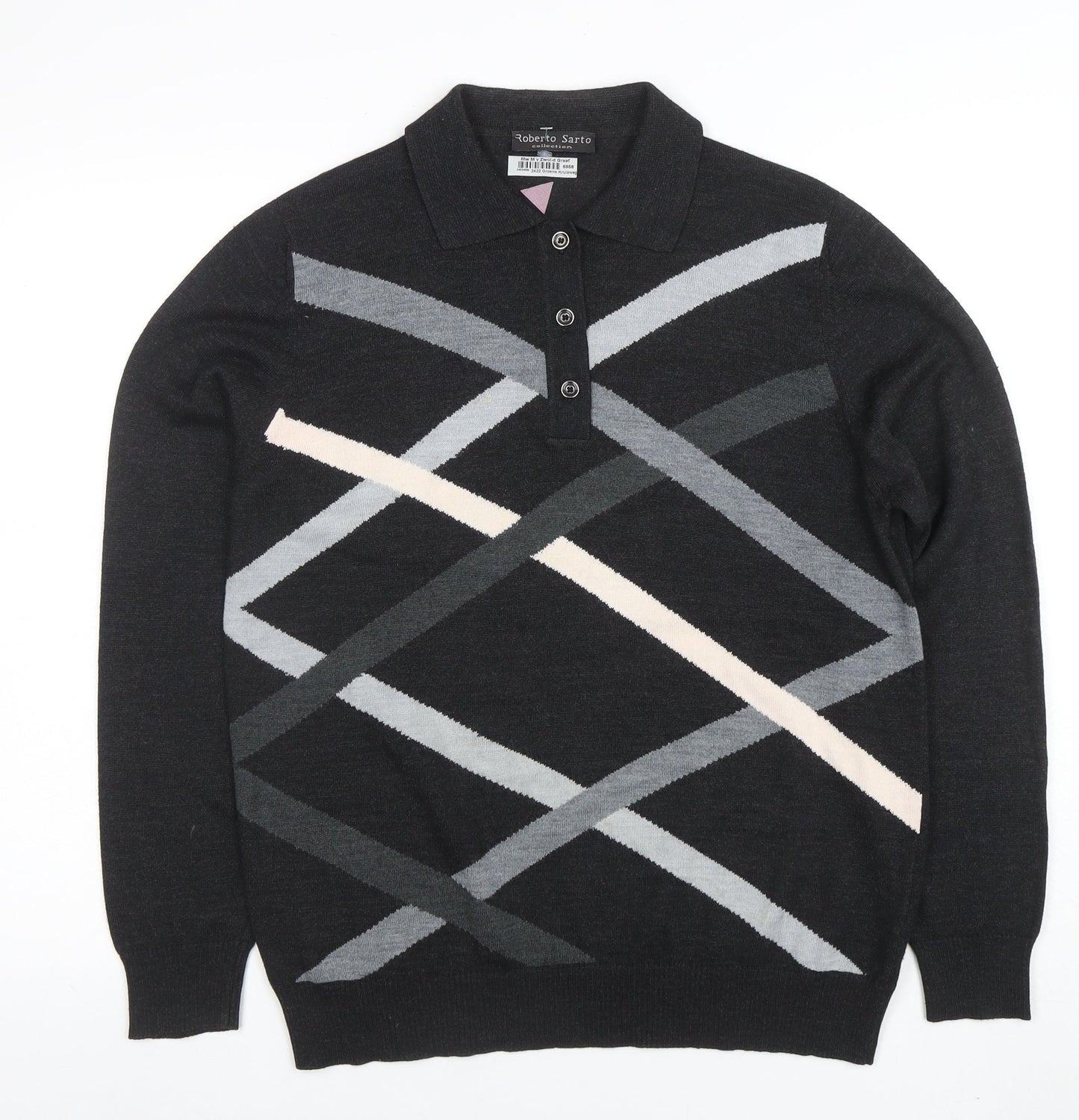 Roberto Sarto Men Black Wool Geometric Collared Henley Jumper M
