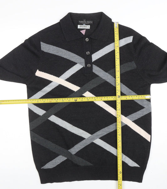Roberto Sarto Men Black Wool Geometric Collared Henley Jumper M