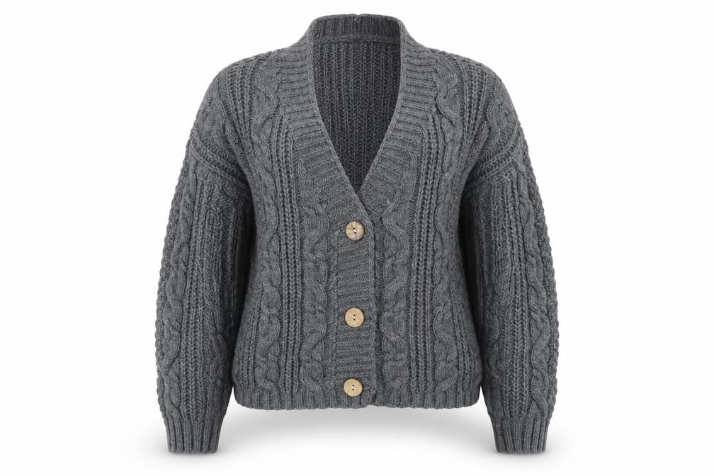 Collezione Gaia Women's Grey Chunky Knit V-Neck Button Cardigan S