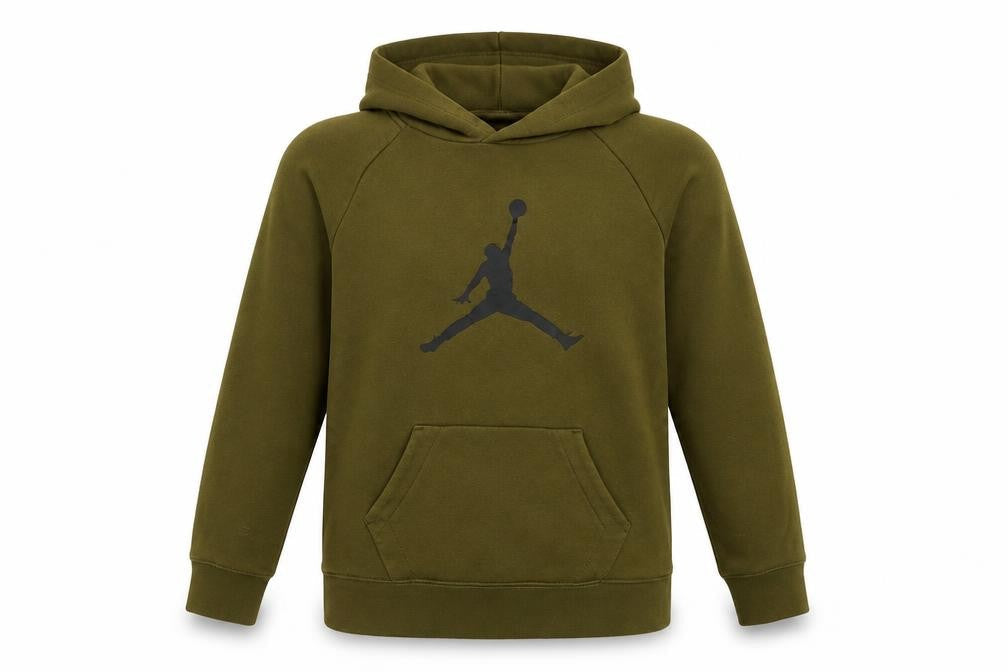 Front view of Jordan boys’ olive green 12-13 years pullover hoodie with kangaroo pocket