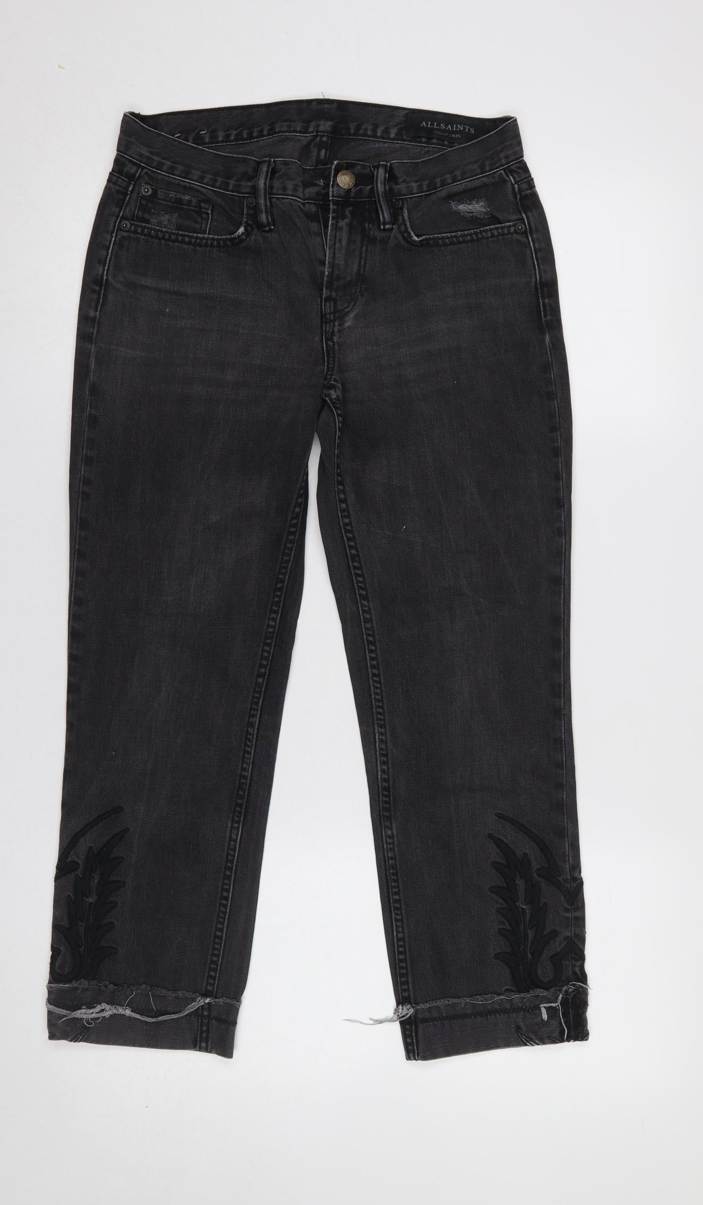 AllSaints Women's Black Cropped Slim Jeans Size 25 Embroidered Hem