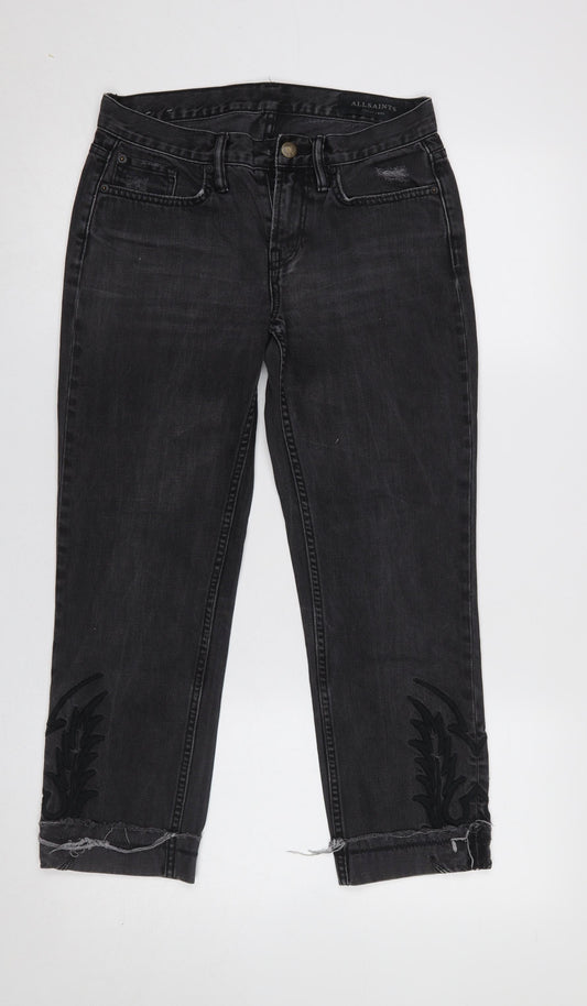 AllSaints Women's Black Cropped Slim Jeans Size 25 Embroidered Hem