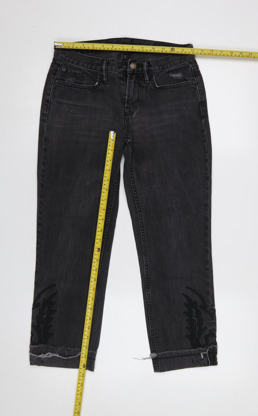 AllSaints Women's Black Cropped Slim Jeans Size 25 Embroidered Hem