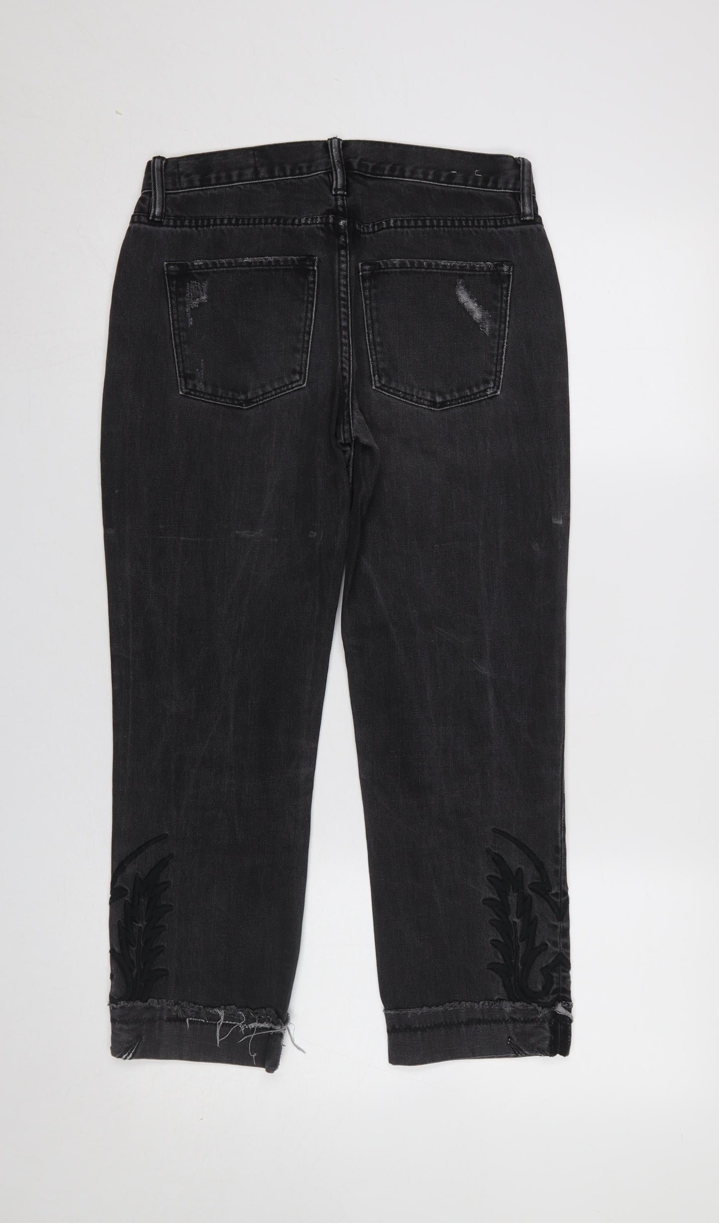 AllSaints Women's Black Cropped Slim Jeans Size 25 Embroidered Hem