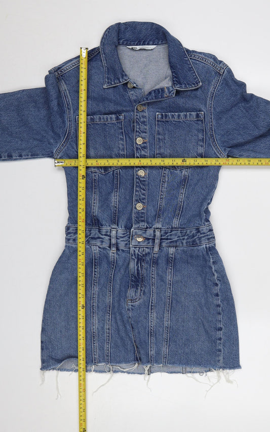 Zara Women Blue Denim Shirt Mini Dress Size S Collared Belted