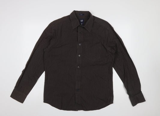 GAP Men's Brown Striped Cotton Long Sleeve Button-Up Shirt M