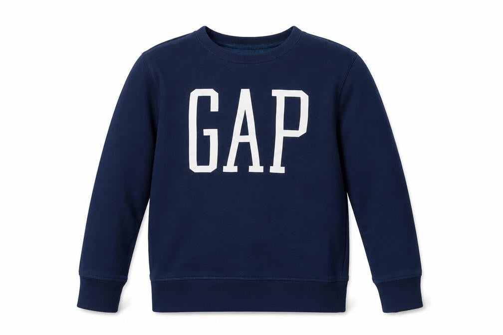 Front view of Gap Kids girls’ blue logo pullover sweatshirt, size 10-11, years