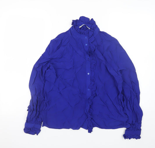 ZARA Women Blue Ruffle Long Sleeve High Neck Viscose Blouse Size 12