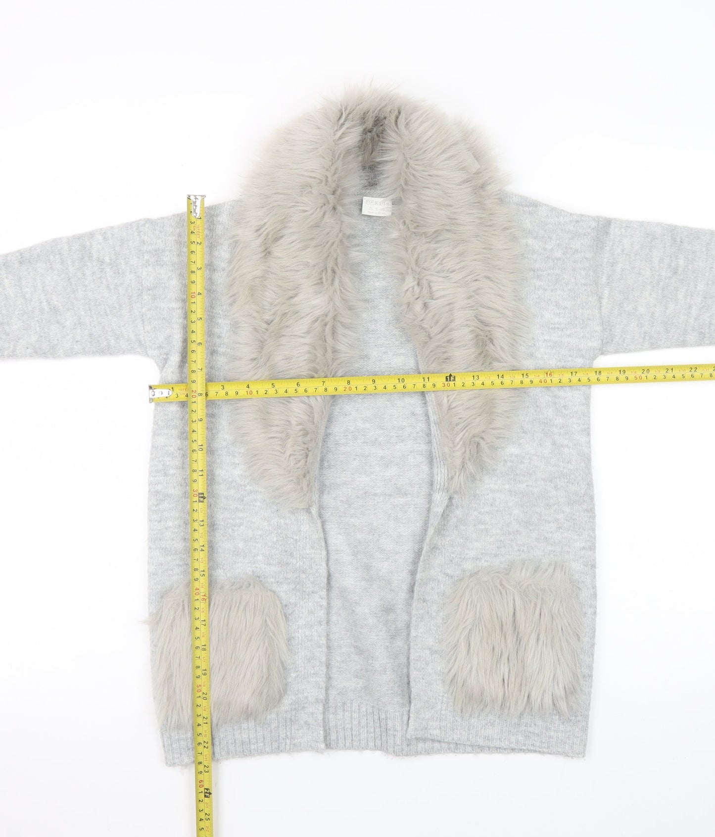 F&F Kids Girls Grey Faux Fur Trim Cardigan 8-9 Years Winter Knitwear