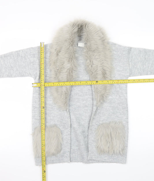 F&F Kids Girls Grey Faux Fur Trim Cardigan 8-9 Years Winter Knitwear