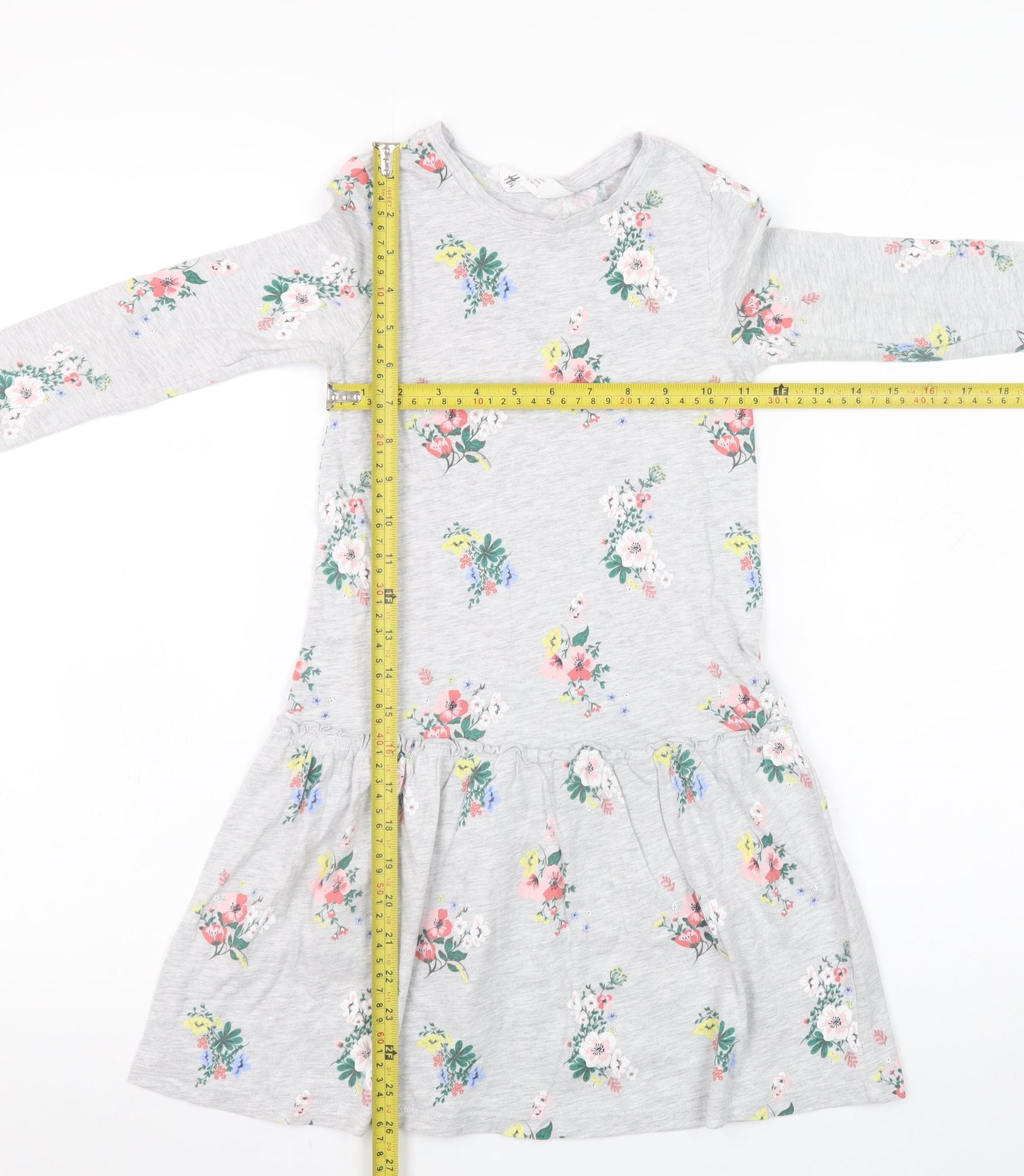 H&M Girls Grey Floral Long Sleeve Skater Dress 7-8 Years Cotton Blend