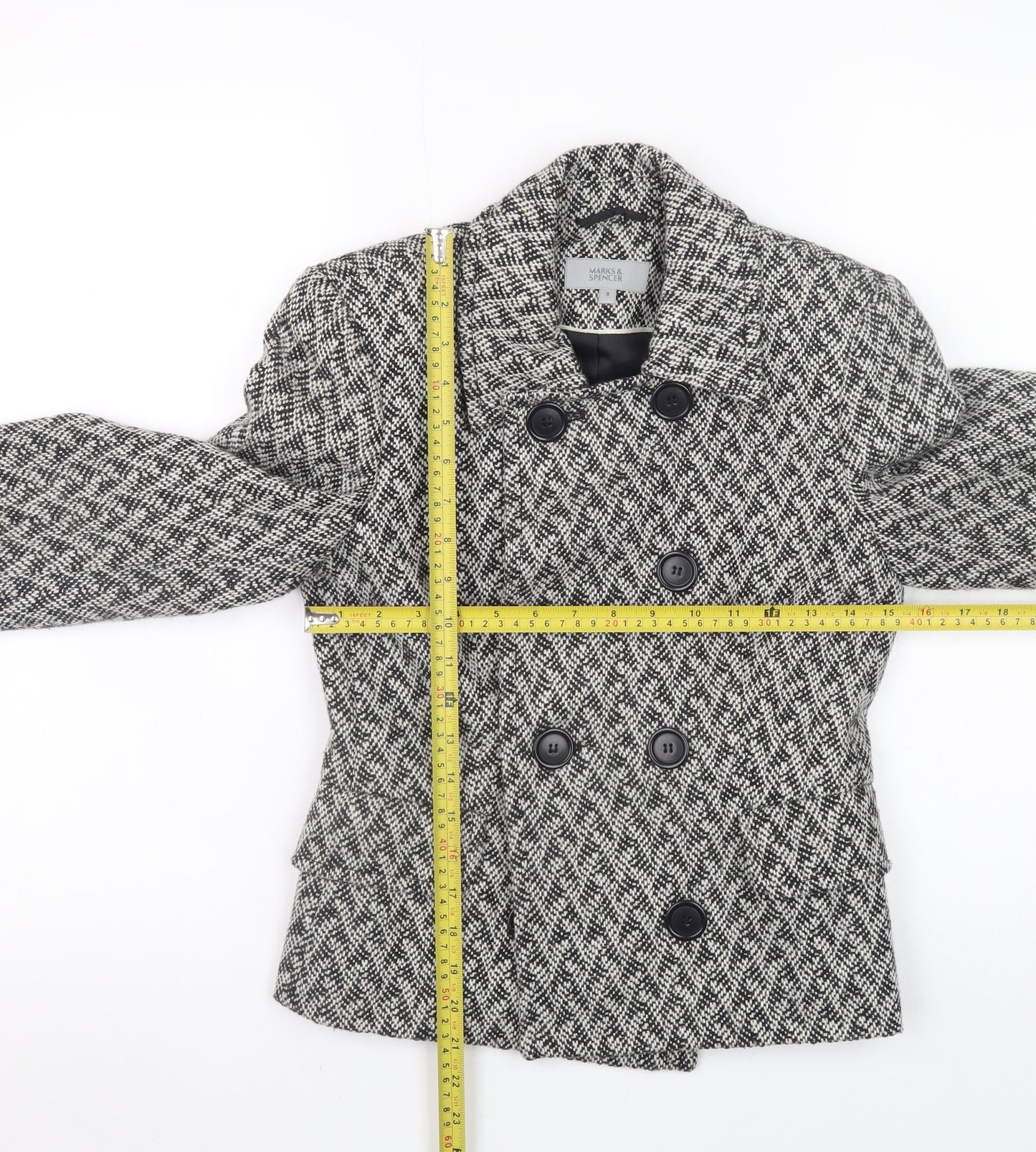 Marks and Spencer Women's Grey Herringbone Pea Coat Size 8 Wool Blend
