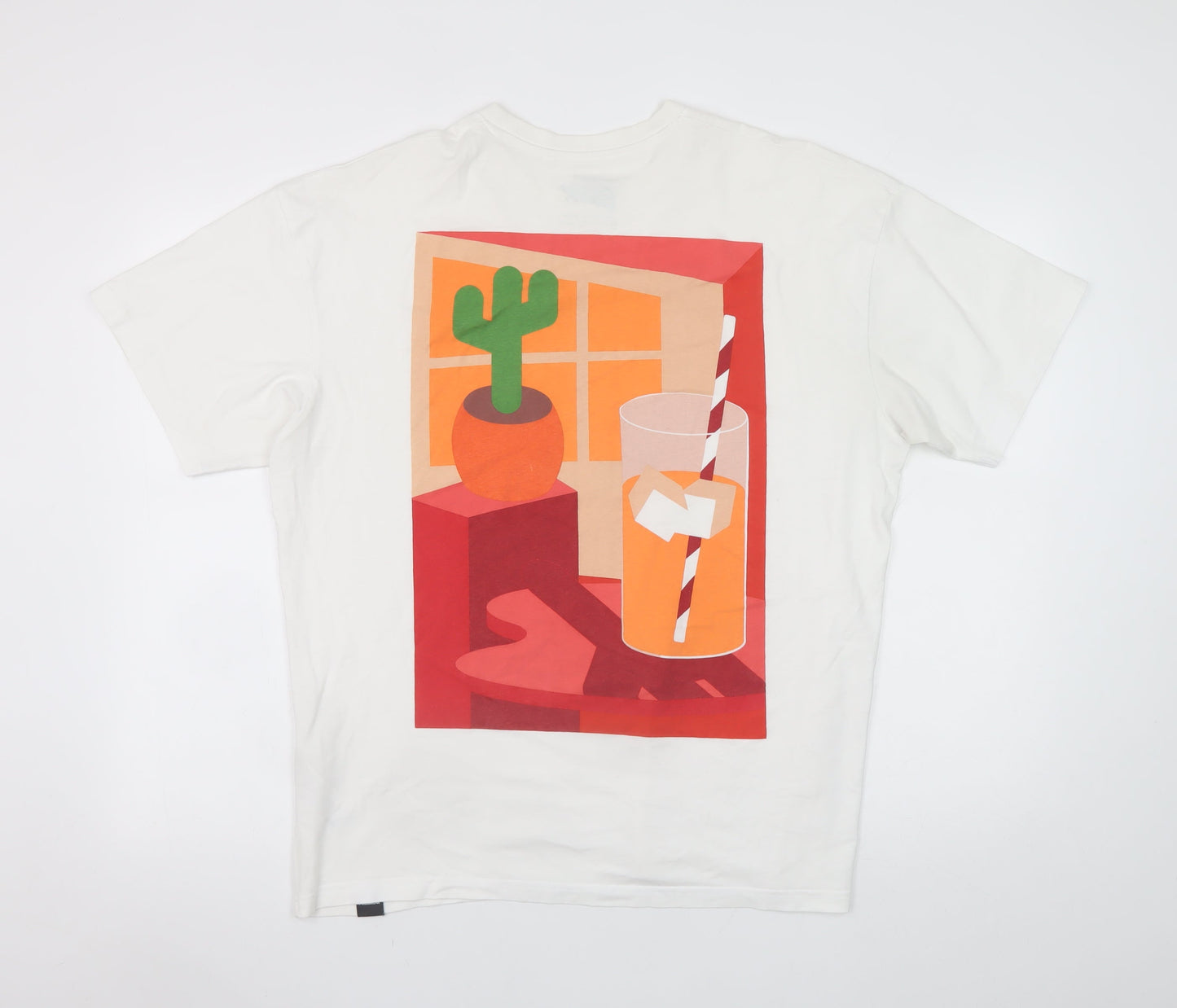 Pull&Bear Men's White Cactus Fan Graphic Cotton T-Shirt Size M