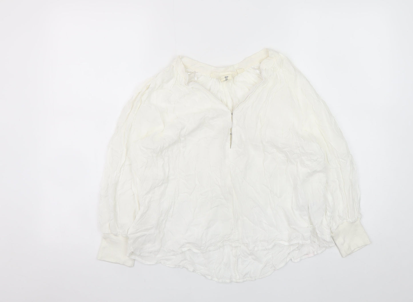H&M Women White Modal Tunic Blouse Size 8 Long Sleeve Zip Neck