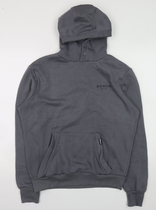 Bench Men Grey Pullover Hoodie M High Neck Logo Fleece Sweatshirt
