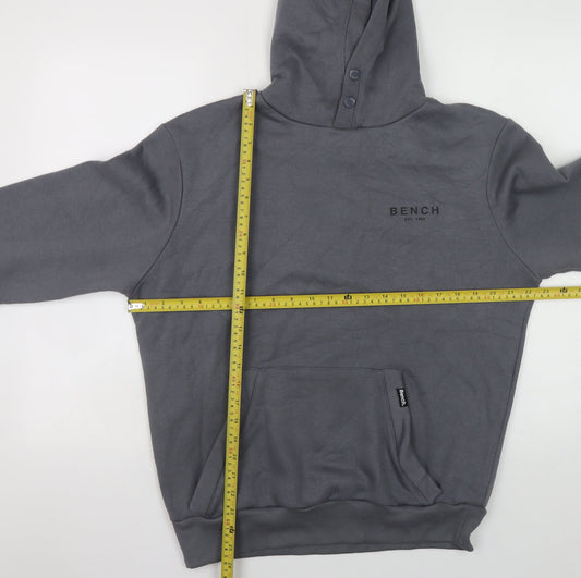 Bench Men Grey Pullover Hoodie M High Neck Logo Fleece Sweatshirt