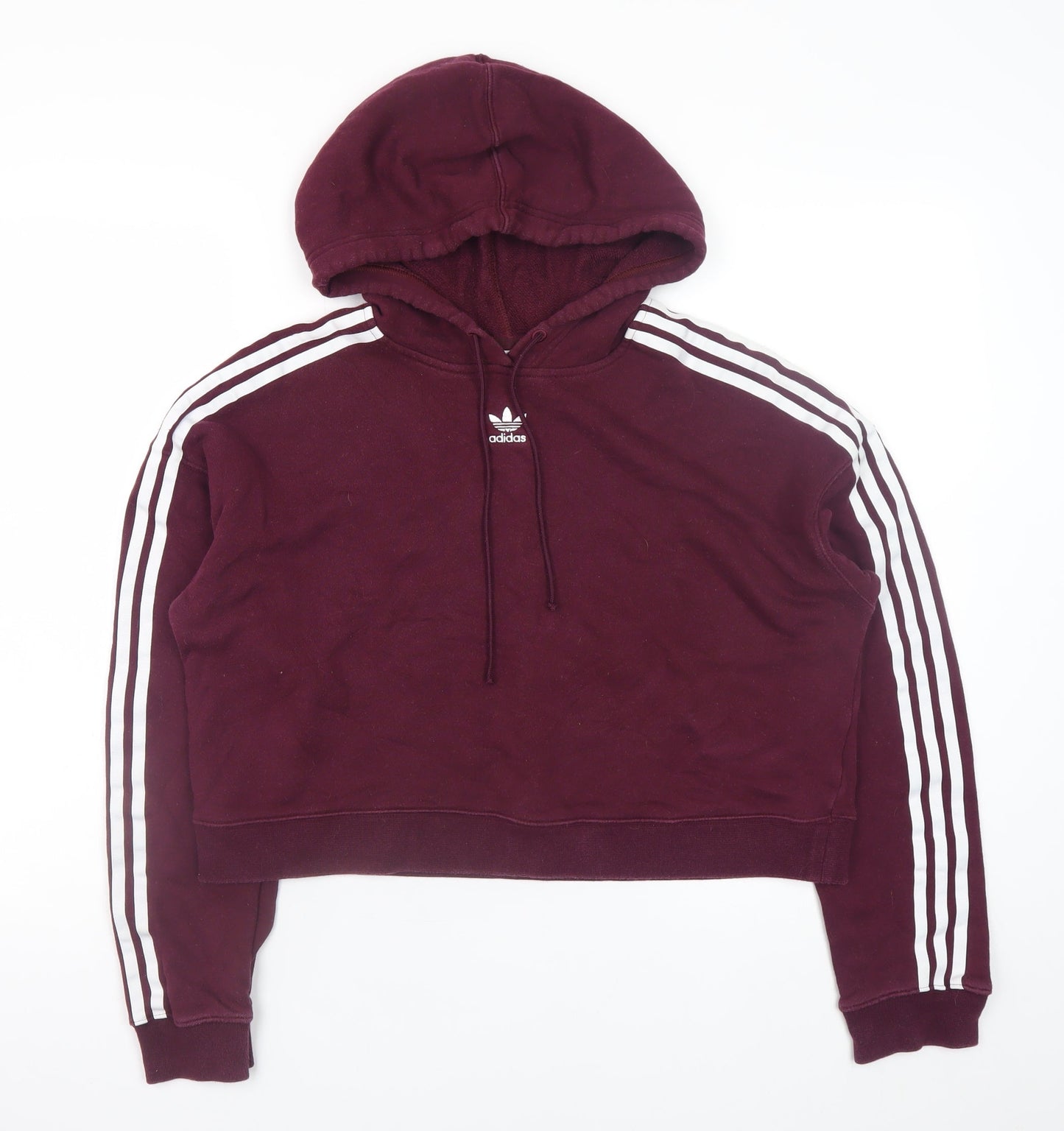 Adidas Women Burgundy 3-Stripes Cropped Hoodie Size 10 Cotton