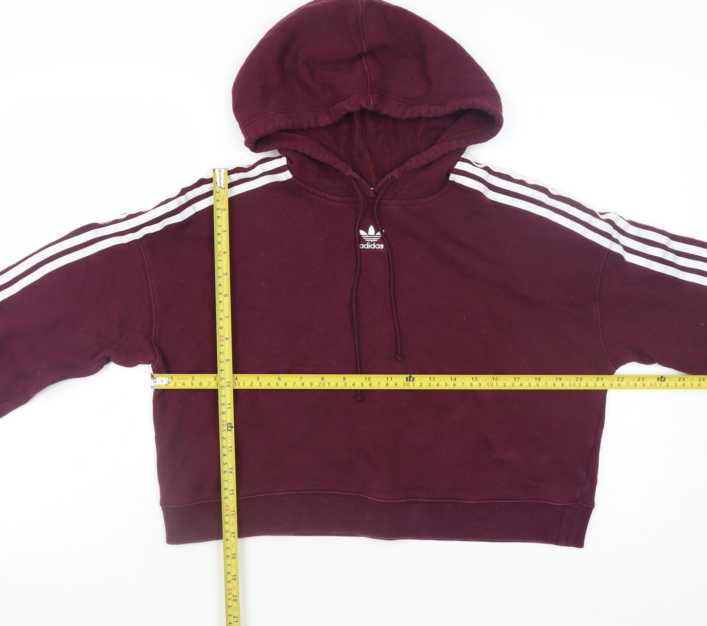 Adidas Women Burgundy 3-Stripes Cropped Hoodie Size 10 Cotton