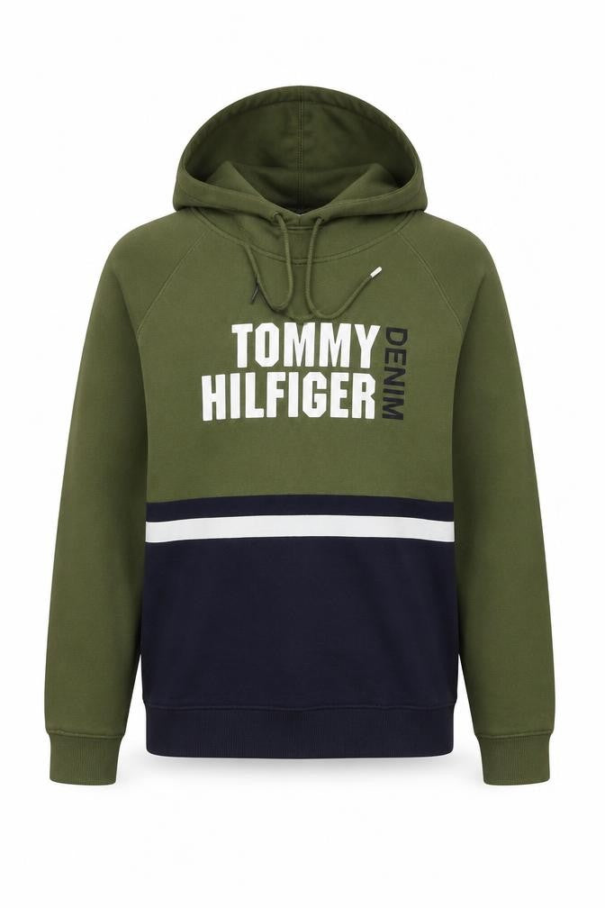 Tommy Hilfiger Mens Green Pullover Hoodie M Fleece Logo Sweatshirt