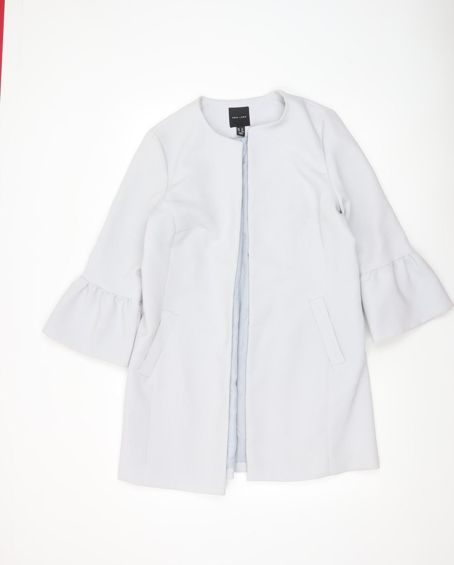 New Look Women’s Grey Mid-Length Ruffle Sleeve Open Coat Size 12