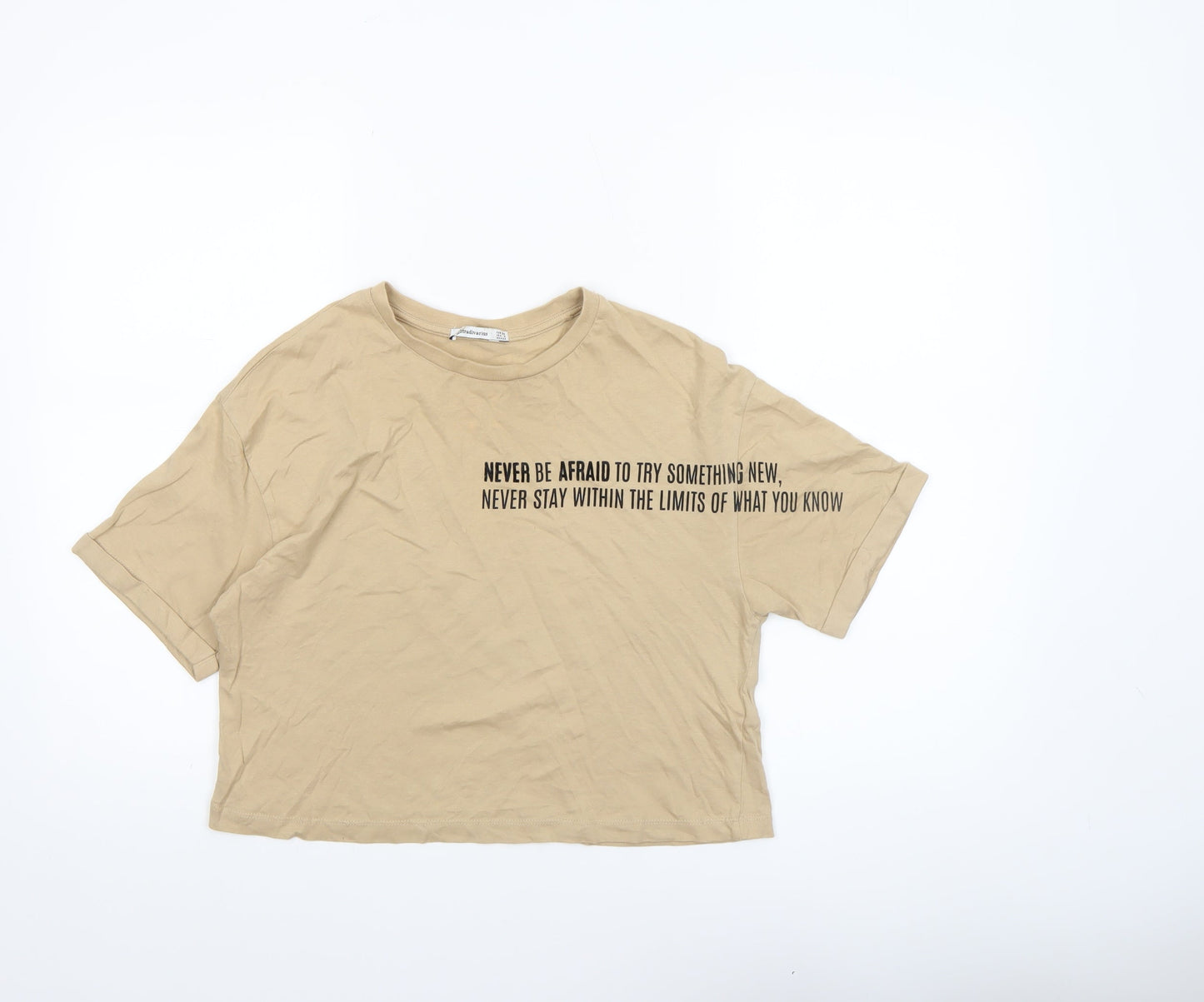 Stradivarius Women's Beige Cropped T-Shirt Size 6 Short Sleeve Cotton