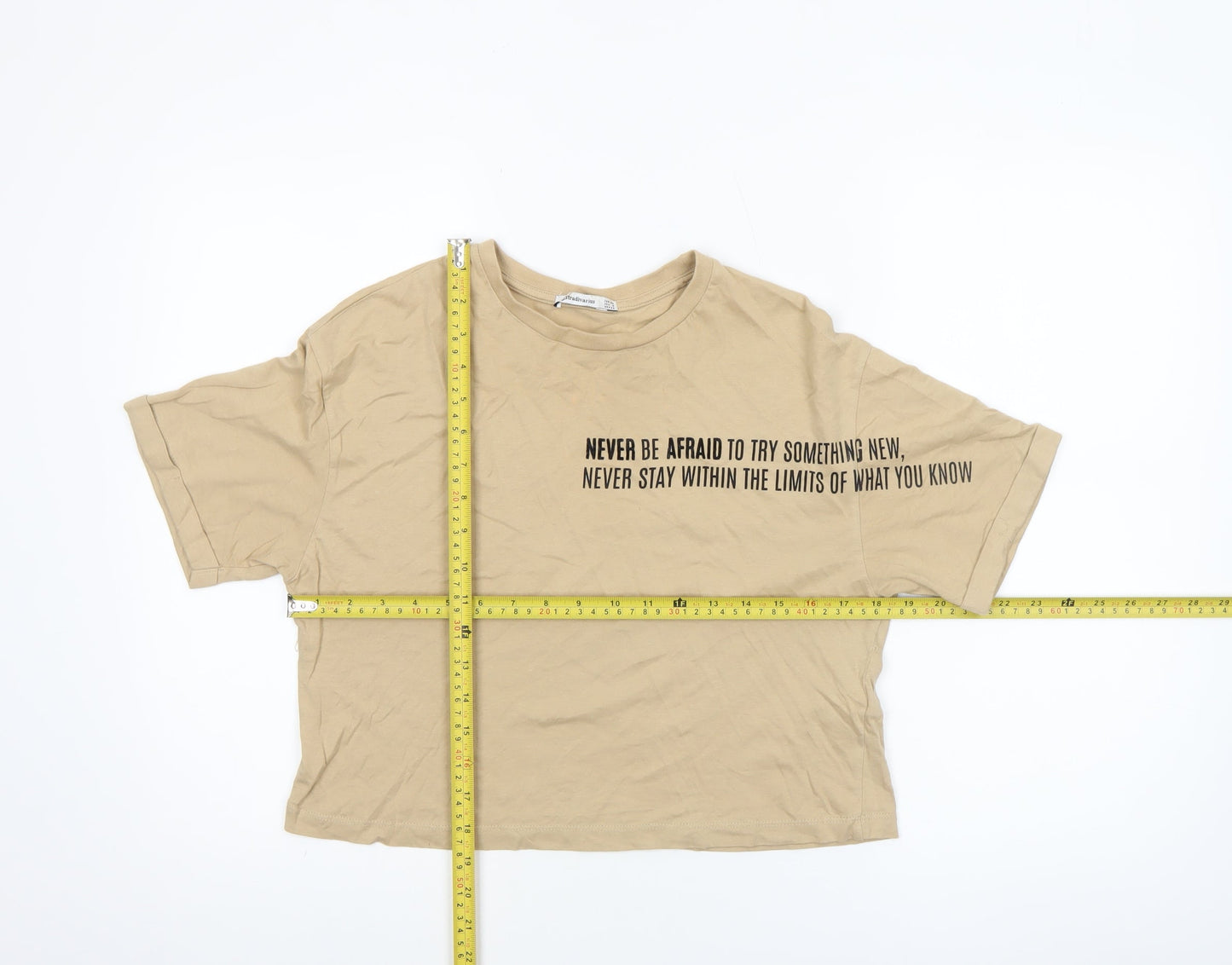 Stradivarius Women's Beige Cropped T-Shirt Size 6 Short Sleeve Cotton