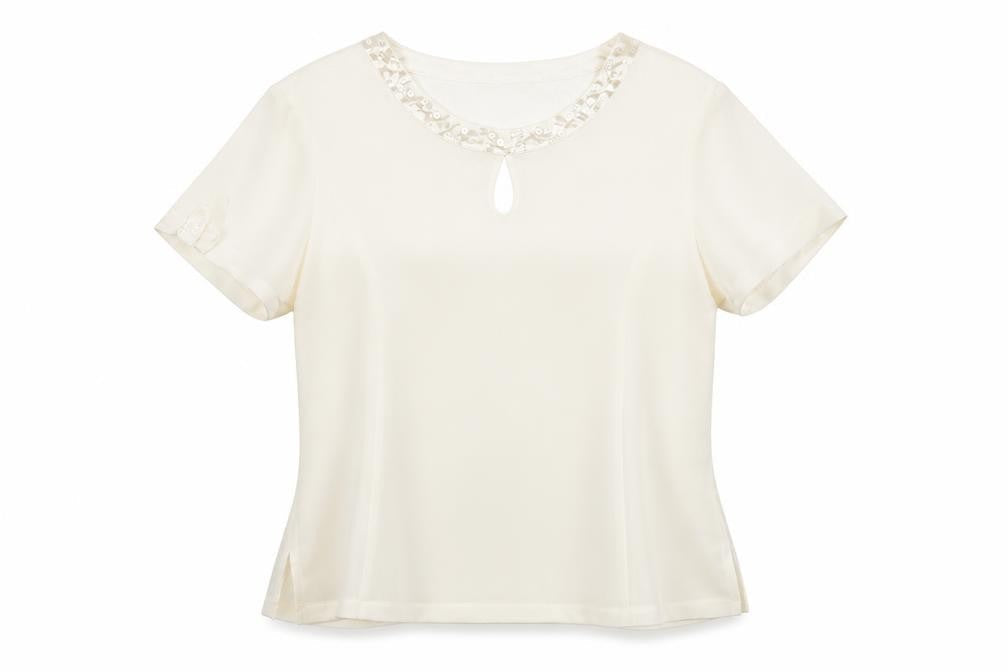Jacques Vert Women’s Ivory Beaded Short Sleeve Satin Blouse Size 16
