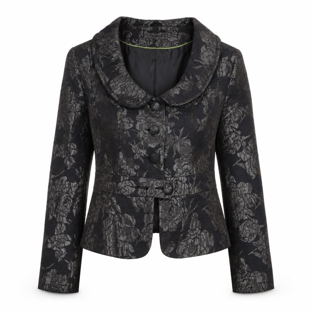 Sasha Womens Black Floral Jacquard Blazer Size 10 Formal Fitted Jacket