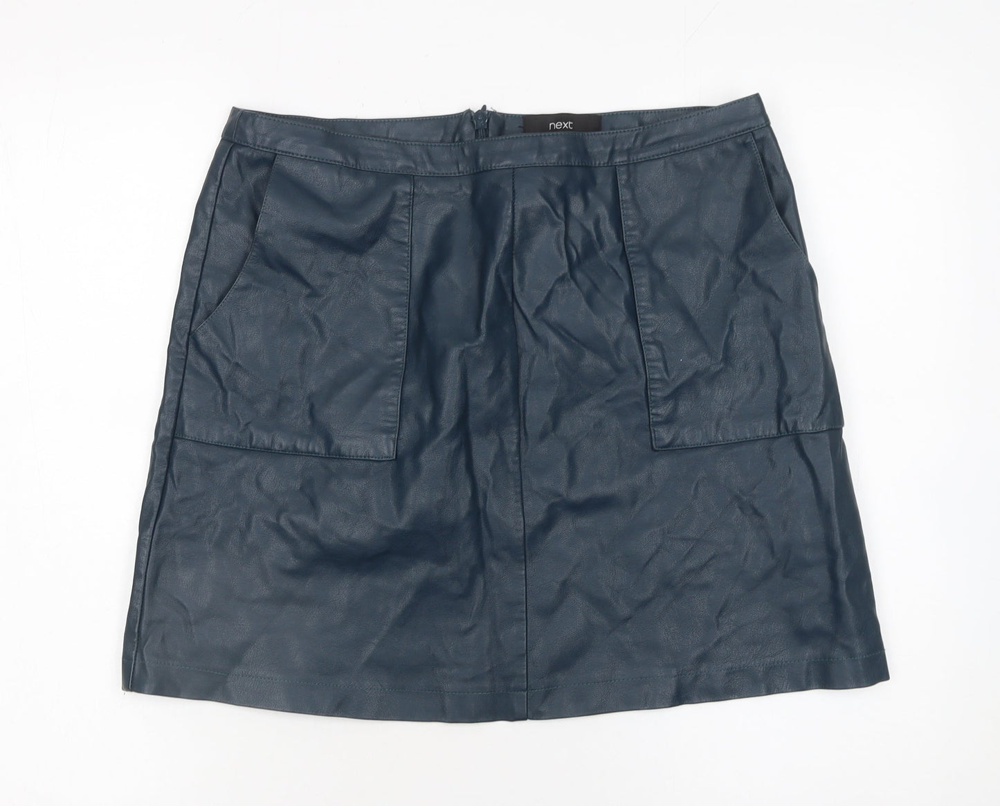 Next Women Blue Faux Leather A-Line Mini Skirt UK 12