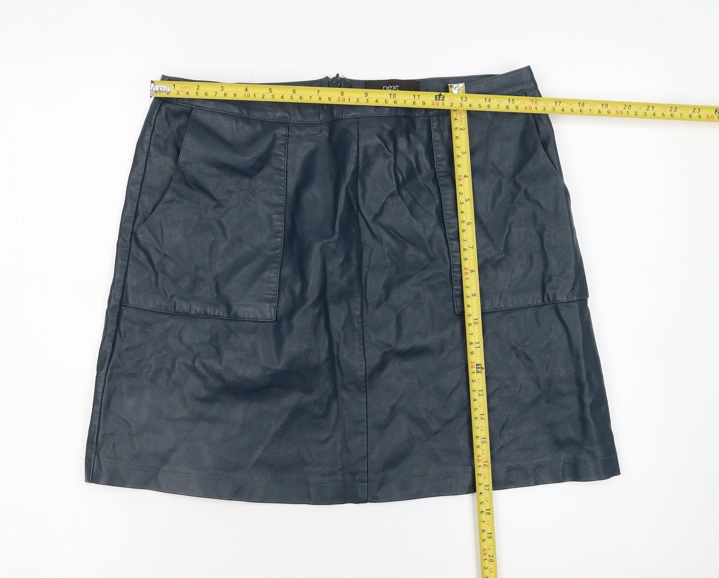 Next Women Blue Faux Leather A-Line Mini Skirt UK 12