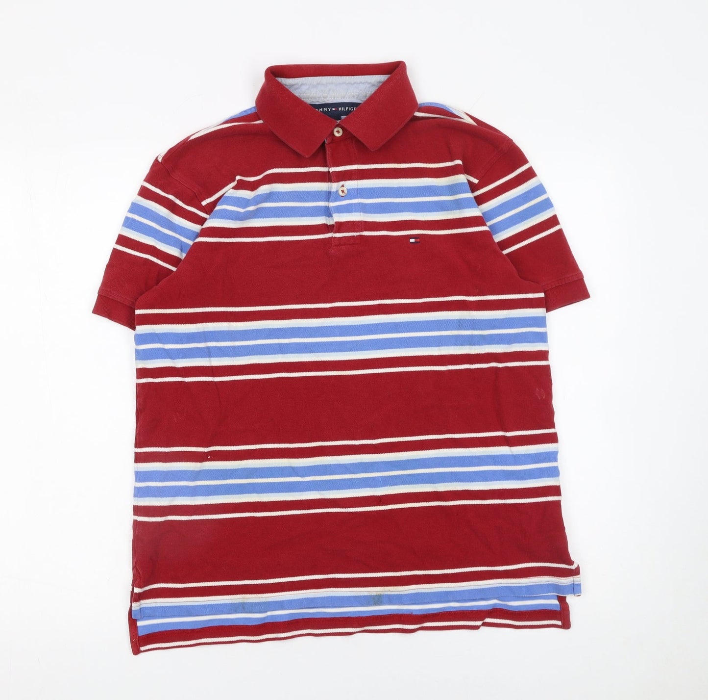 Tommy Hilfiger Men's Red Striped Cotton Polo Shirt M Regular Fit