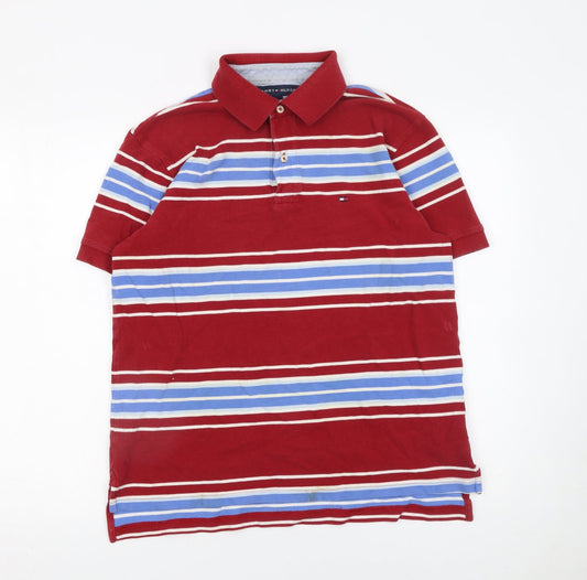 Tommy Hilfiger Men's Red Striped Cotton Polo Shirt M Regular Fit