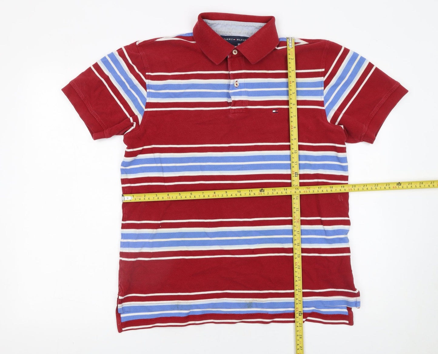 Tommy Hilfiger Men's Red Striped Cotton Polo Shirt M Regular Fit