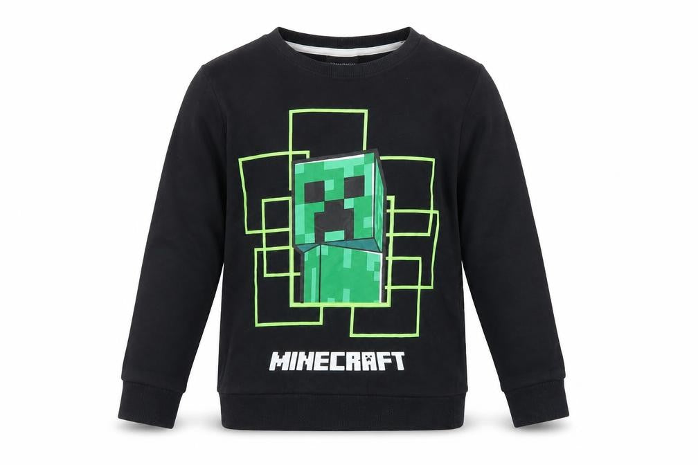Front view of Matalan boys’ black minecraft creeper pullover sweatshirt 10 years