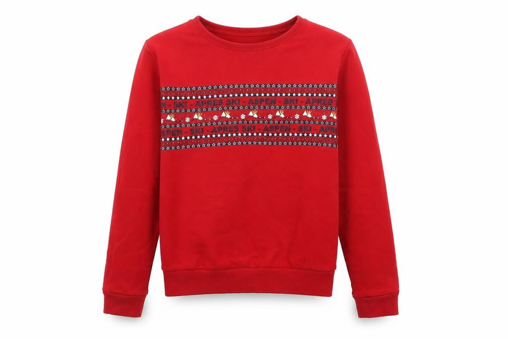 Front view of M&Co girls’ red ski fair isle pullover sweatshirt 15 years