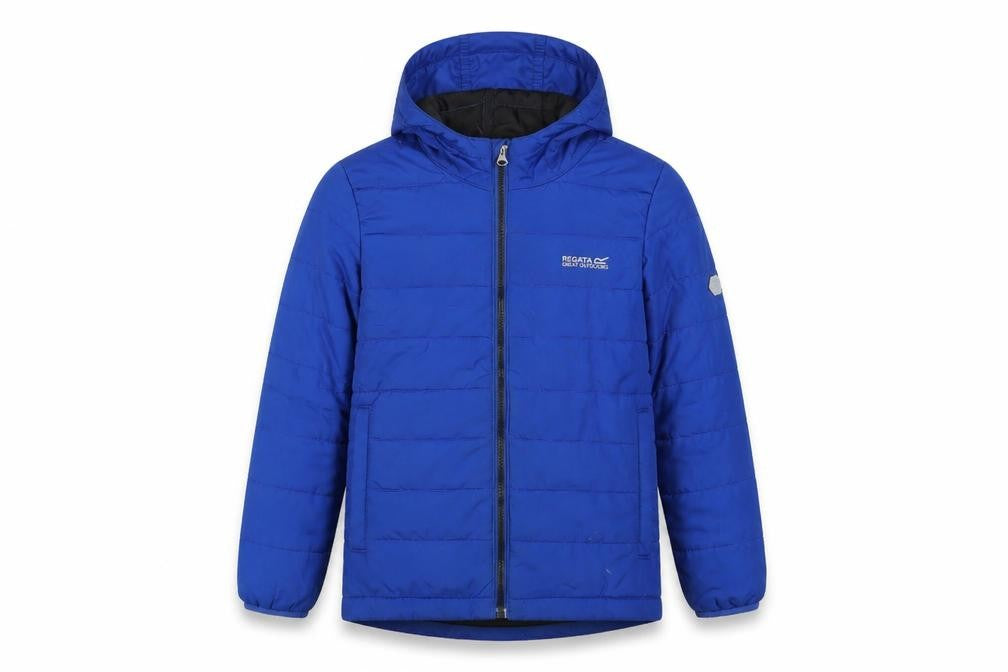 Front view of Regatta boys’ blue hooded puffer jacket 9-10 years insulated winter coat