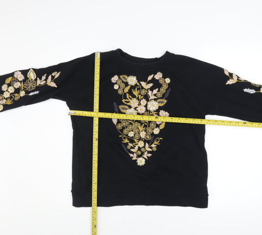 Whistles Women Black Embroidered Floral Cotton Pullover Sweatshirt S
