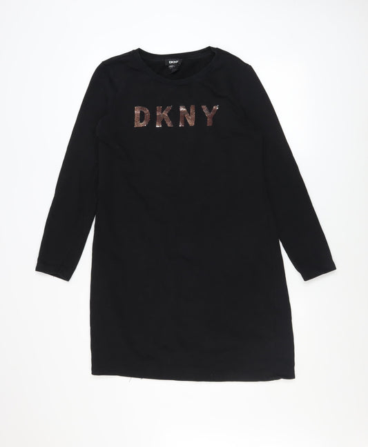 DKNY Womens Black Sequin Logo Long Sleeve T-Shirt Dress Size 12