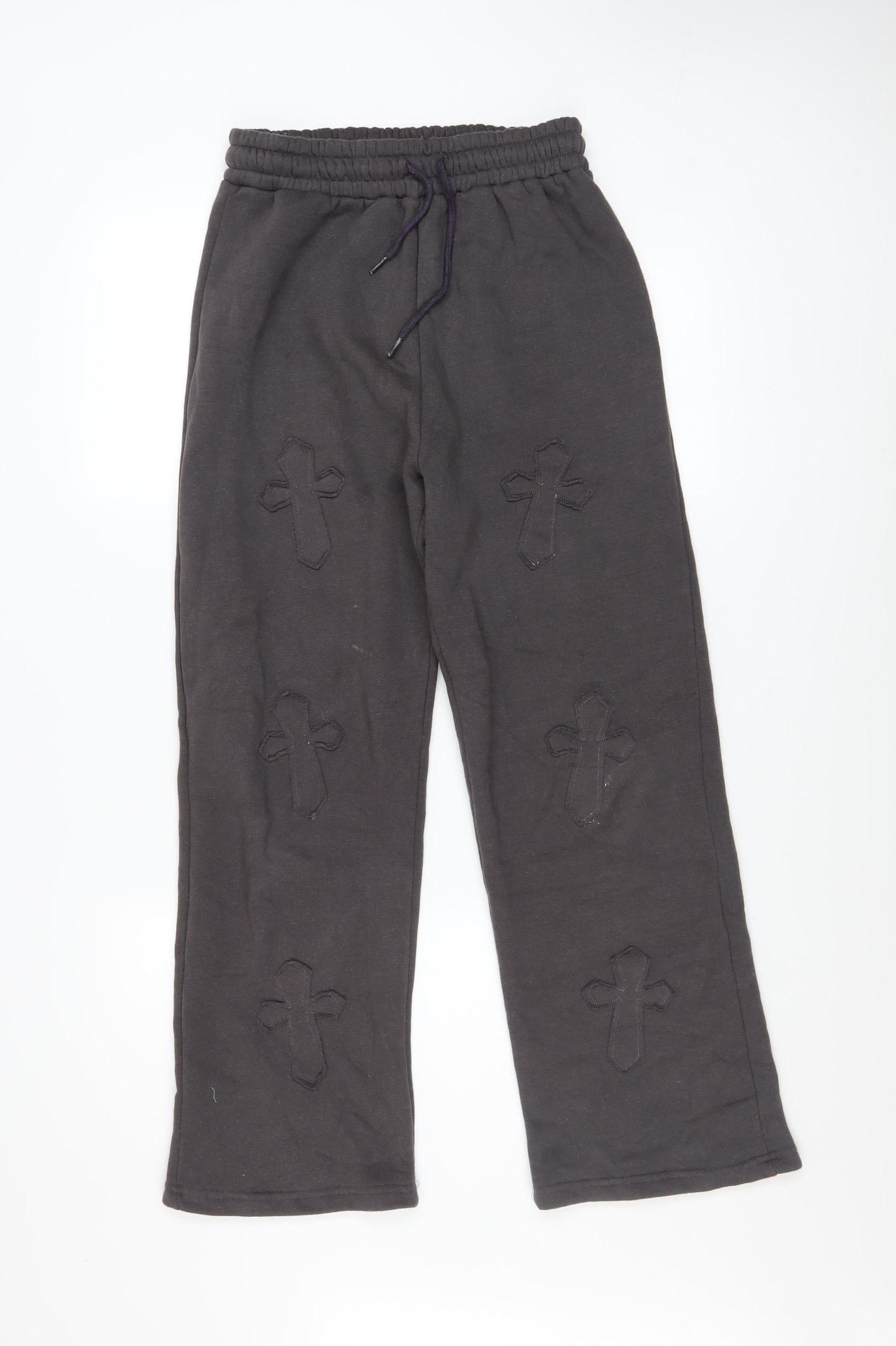Paris Women Black Cross Applique Sweatpants UK 8 S Elastic Waist