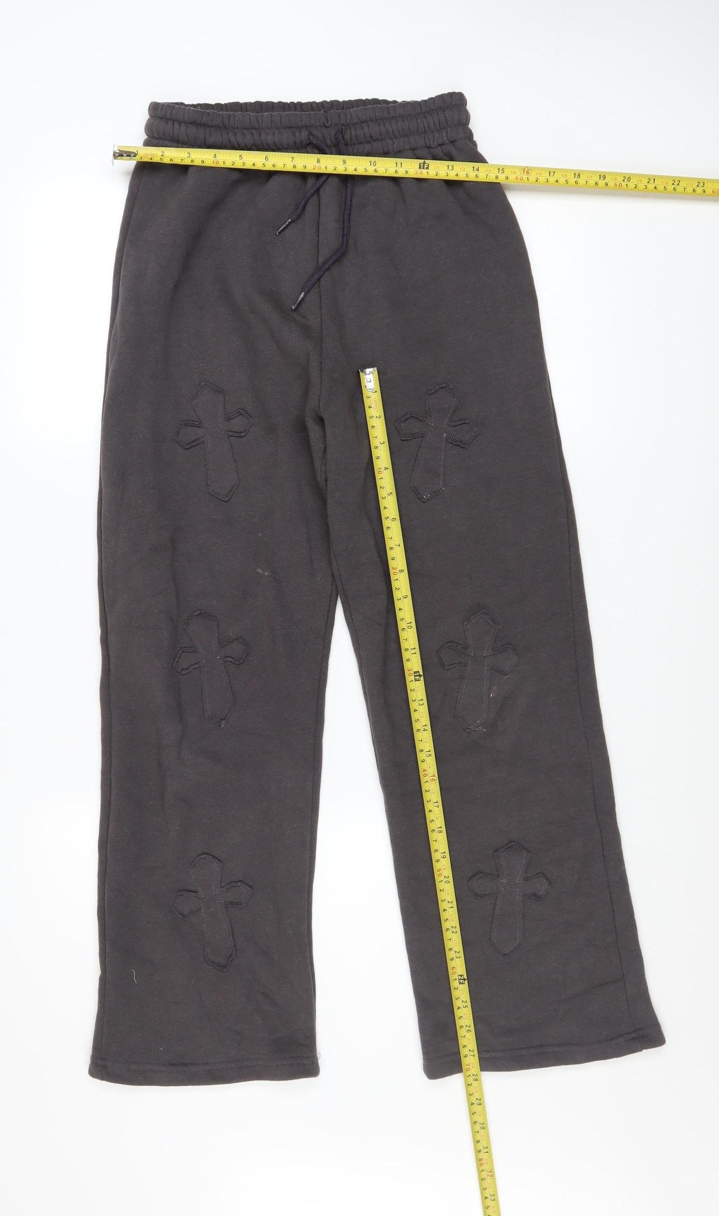Paris Women Black Cross Applique Sweatpants UK 8 S Elastic Waist
