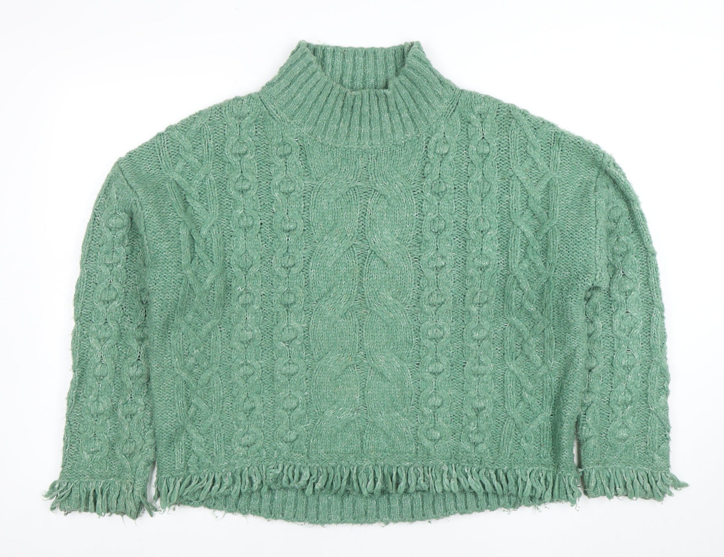 Marks and Spencer Women Green Cable-Knit Roll Neck Fringe Jumper M