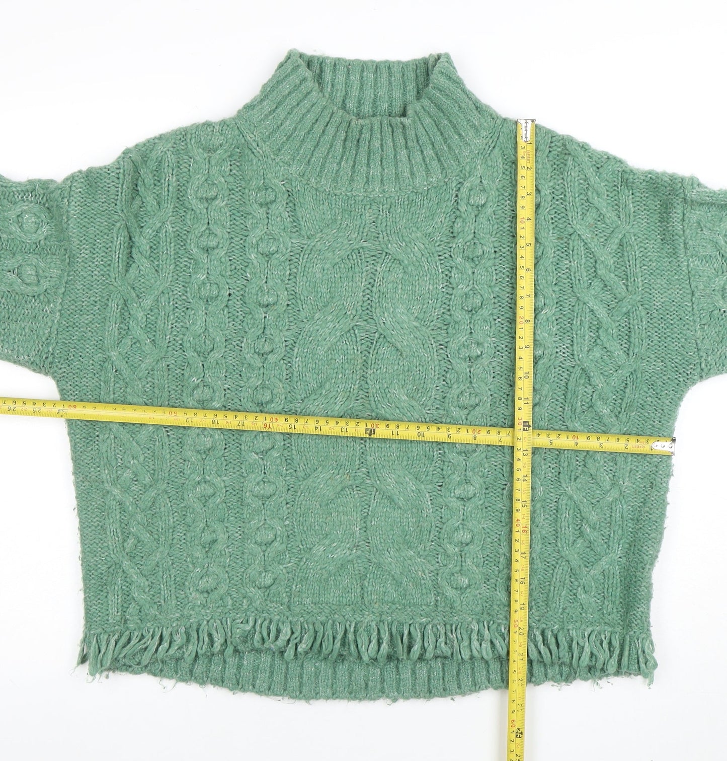 Marks and Spencer Women Green Cable-Knit Roll Neck Fringe Jumper M