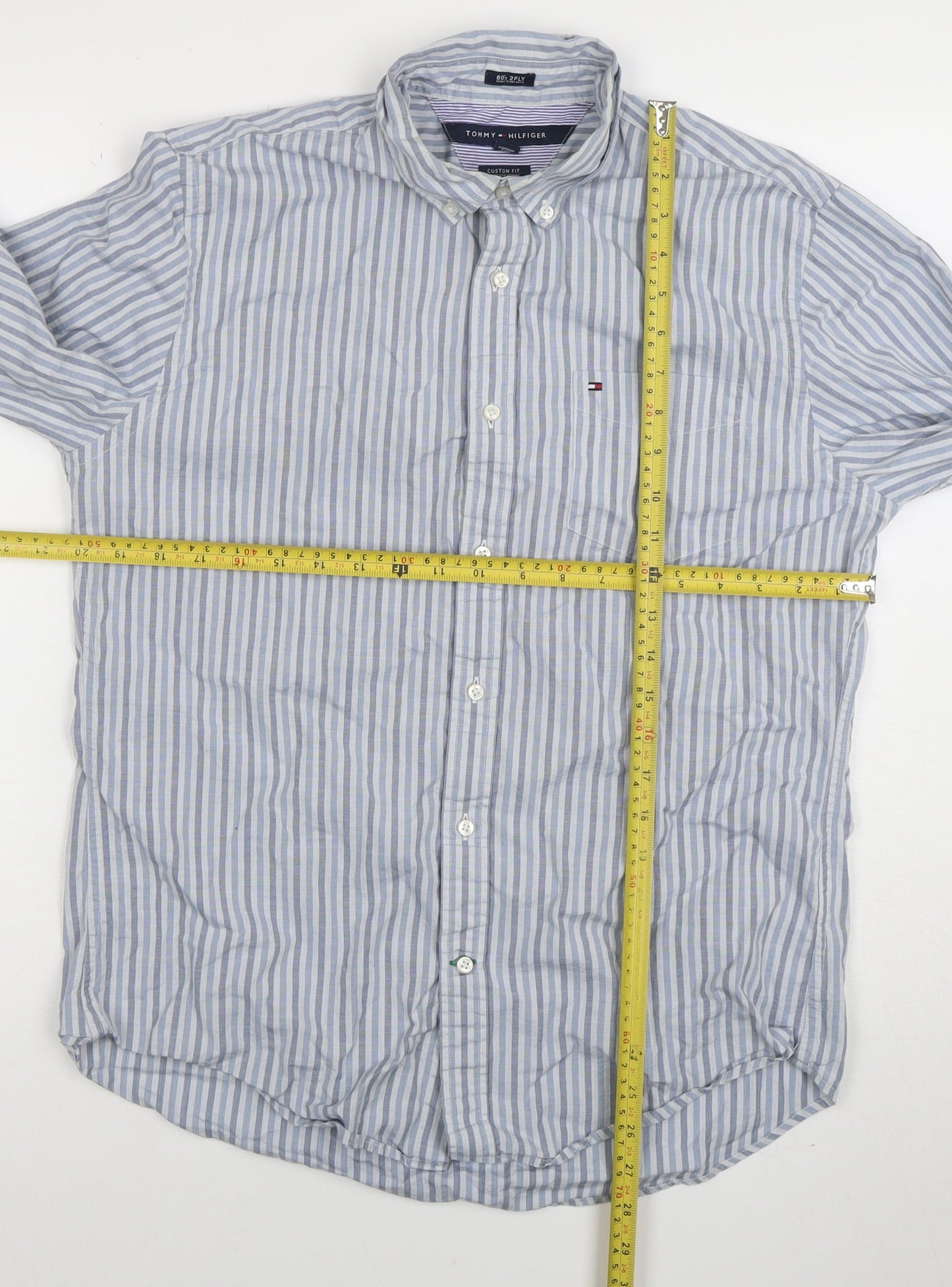 Tommy Hilfiger Men's Blue Striped Button-Down Shirt M Custom Fit